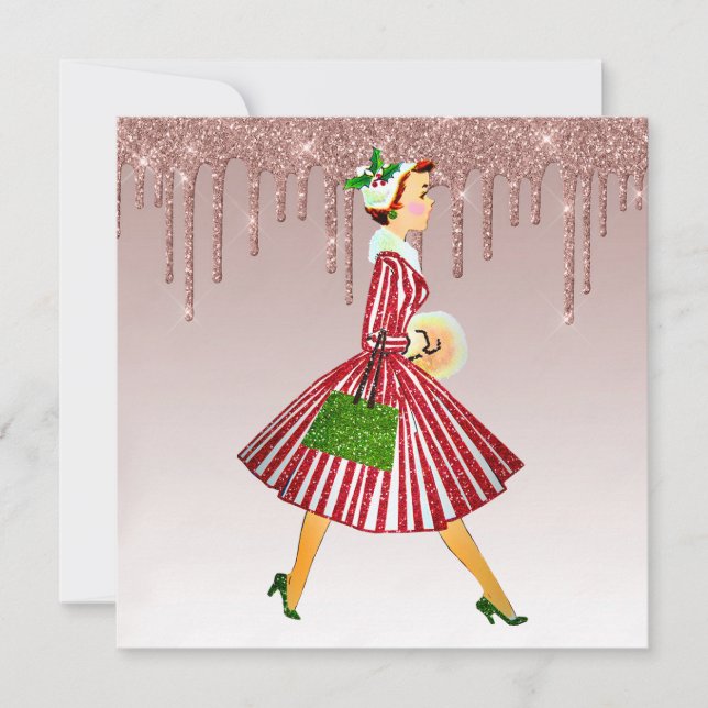 Tarjeta Festiva Mujer ventilado de 1950 rosa oro goteando oro (Anverso)
