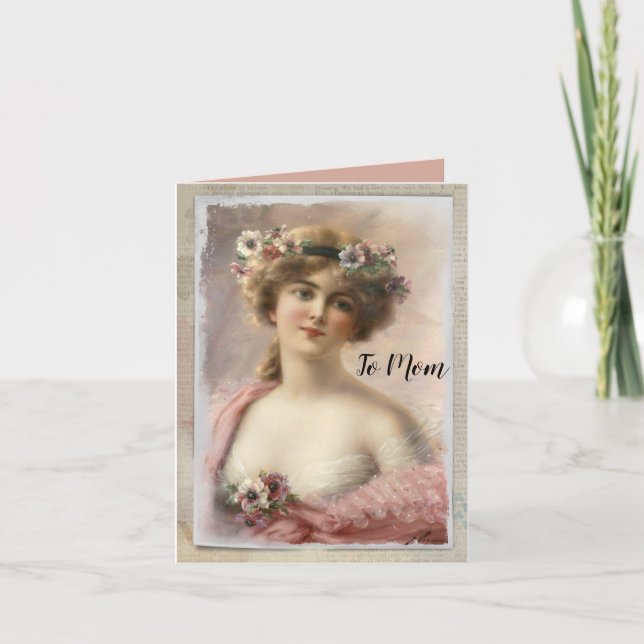 Tarjeta Festiva Mujer victoriana con flores en acuarela (Anverso)