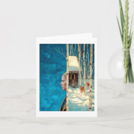 Tarjeta Festiva Mujer y ciervo en un bosque de nevadas de abedul p