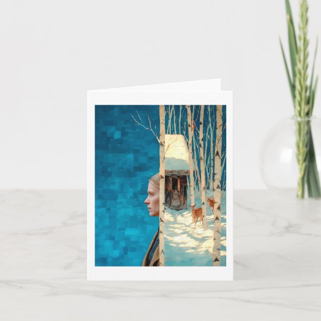 Tarjeta Festiva Mujer y ciervo en un bosque de nevadas de abedul p (Anverso)