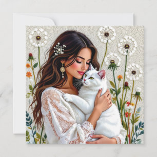 Tarjeta Festiva Mujer y gato blanco y dientes de león