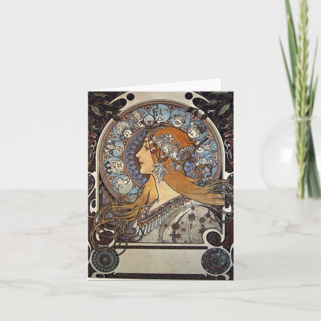 Tarjeta Festiva Mujer zodiac de Alphonse Mucha - Art Nouveau (Anverso)