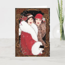 Tarjeta Festiva Mujeres de la década de 1920 en abrigos de inviern