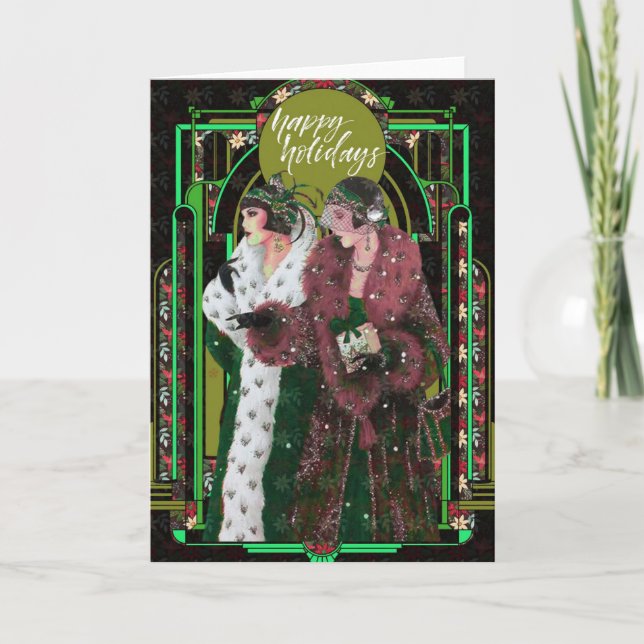 Tarjeta Festiva Mujeres de la década de 1920 en abrigos de pieles (Anverso)