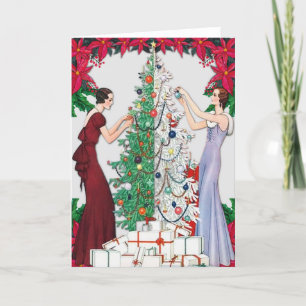 Tarjeta Festiva Mujeres Flapper de los años 20 decorando el árbol