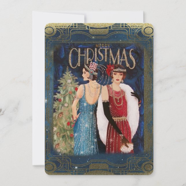 Tarjeta Festiva Mujeres Navidades del Art Deco de la Vieja (Anverso)