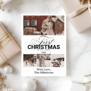 Tarjeta Festiva Multi Photo First Christmas como Mr & Mrs.