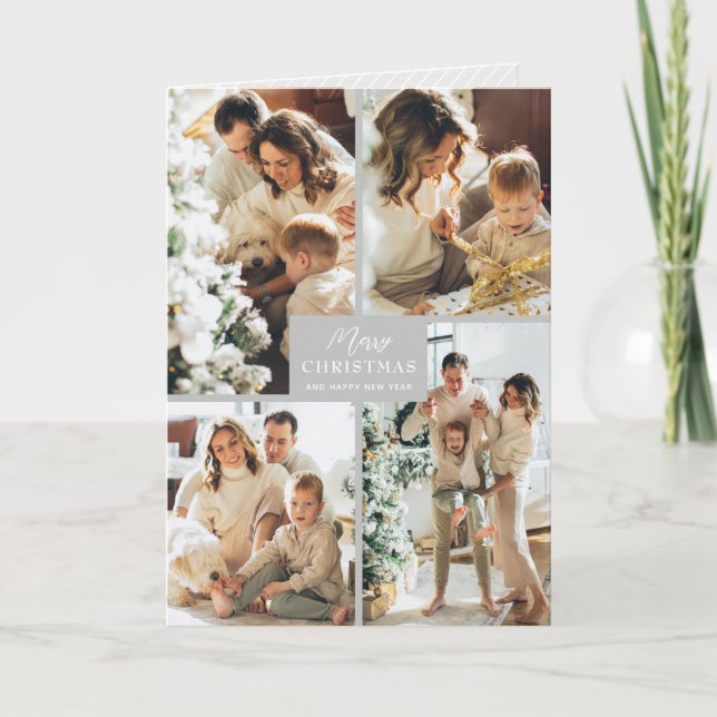 Tarjeta Festiva Multiple Photo Merry Christmas Grey Folded (Anverso)