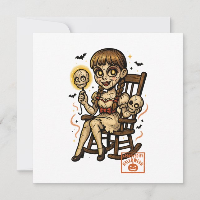 Tarjeta Festiva Muñeca de Pin-Up Embrujada – Halloween Espeluznant (Anverso)
