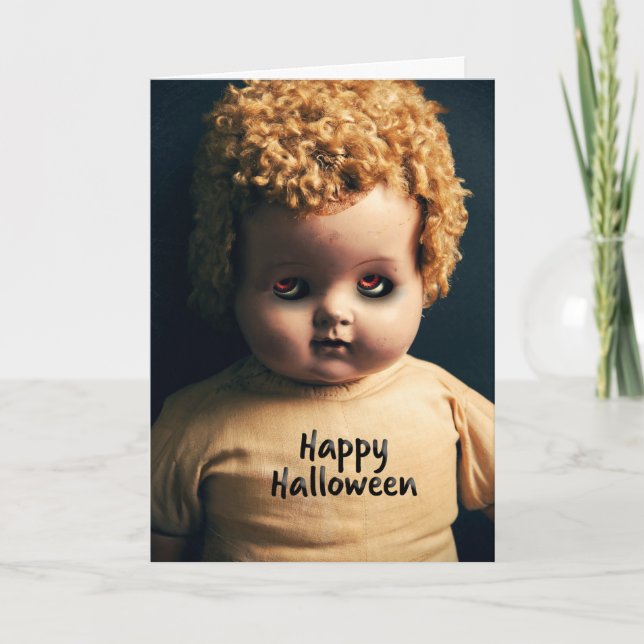 Tarjeta Festiva Muñeca espeluznante de Halloween con ojos espeluzn (Anverso)