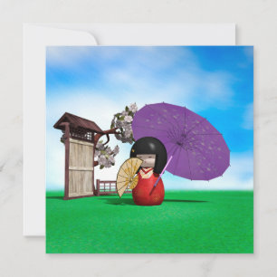 Tarjeta Festiva Muñeca Kokeshi Japonesa Personalizada Arte Flor de