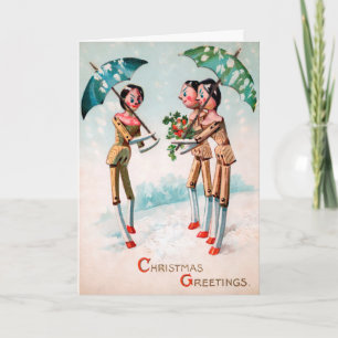 Tarjeta Festiva Muñecas de madera vintage con paraguas