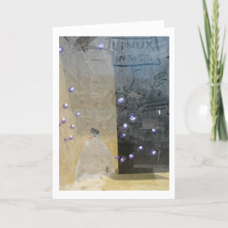 Tarjeta Festiva muñeco de nieve a través de una ventana