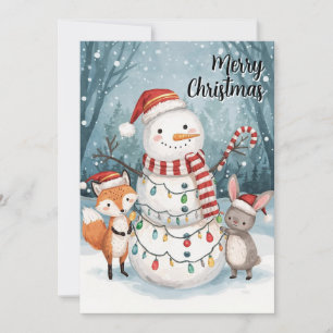 Tarjeta Festiva Muñeco de nieve acuarela zorro conejo bosque Navid