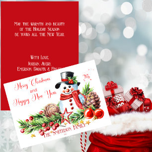 Tarjeta Festiva Muñeco de Nieve Adorable Rojo y Blanco Personaliza