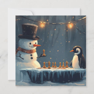 Tarjeta Festiva Muñeco de nieve adorable y pingüino jugando ajedre
