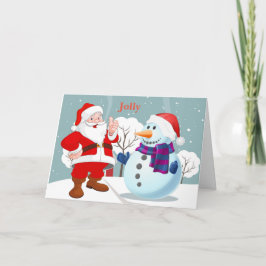 Tarjeta Festiva Muñeco de nieve alegre de santa en un snowbank
