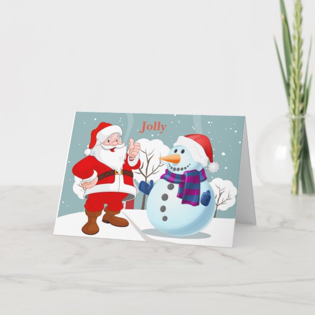 Tarjeta Festiva Muñeco de nieve alegre de santa en un snowbank (Anverso)