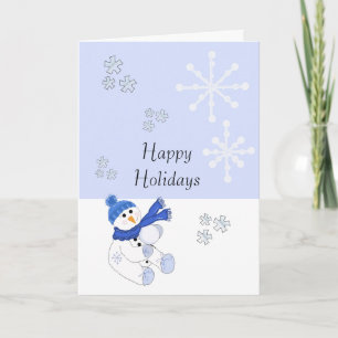 Tarjeta Festiva Muñeco de nieve azul con copos de nieve que caen
