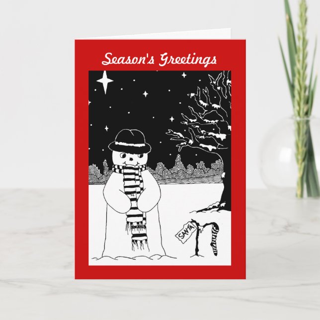 Tarjeta Festiva muñeco de nieve blanco y negro con la bufanda para (Anverso)