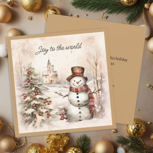 Tarjeta Festiva Muñeco de Nieve Clásico Vintage Alegría al Mundo