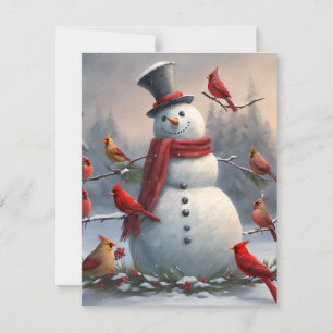 Tarjeta Festiva Muñeco de nieve con cardenales rojos nevado 
