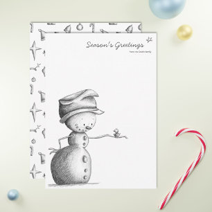 Tarjeta Festiva Muñeco de Nieve con Pájaro en Blanco y Negro
