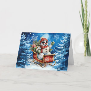 Tarjeta Festiva Muñeco de Nieve de Acuarela Azul de Invierno Clási
