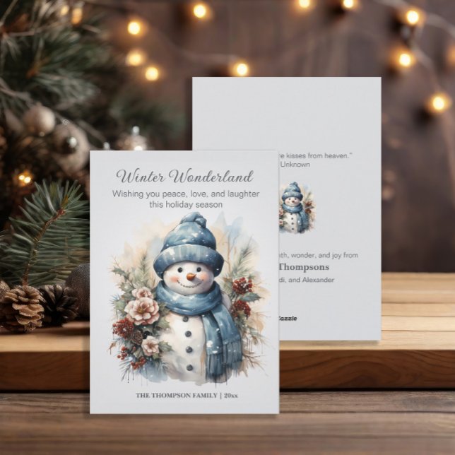 Tarjeta Festiva Muñeco de Nieve de Invierno Azul Polvoriento (Snowman Winter Wonderland custom Christmas greeting card )