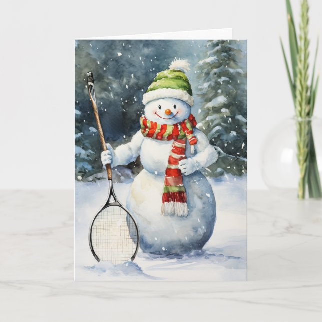 Tarjeta Festiva Muñeco de Nieve de Invierno Entusiasta del Tenis F (Anverso)