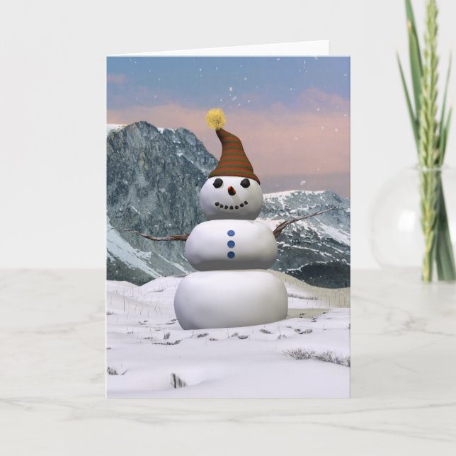 Tarjeta Festiva Muñeco de nieve de la montaña (Anverso)