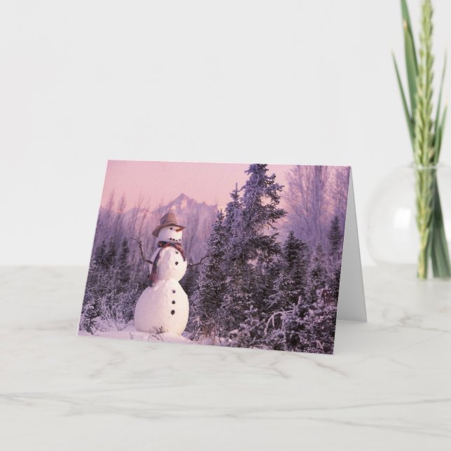 Tarjeta Festiva Muñeco de nieve de la puesta del sol en las (Anverso)