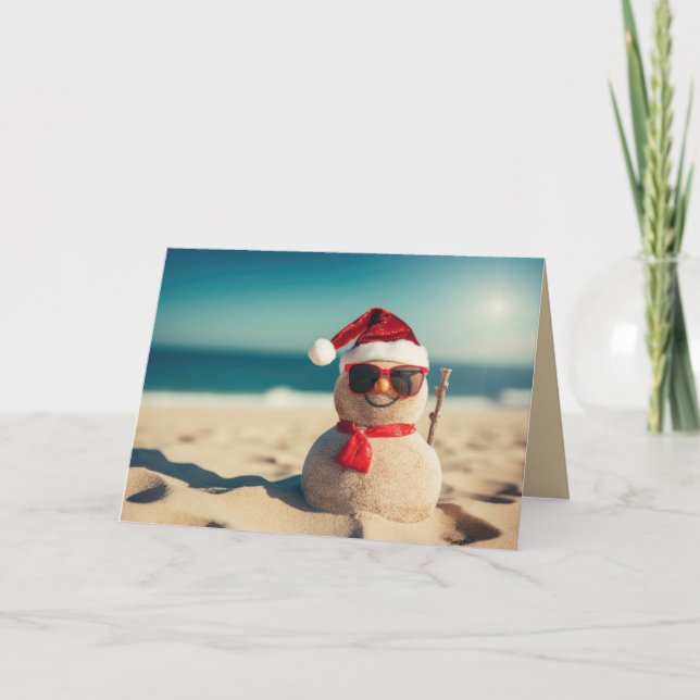 Tarjeta Festiva Muñeco de Nieve de Playa (Anverso)