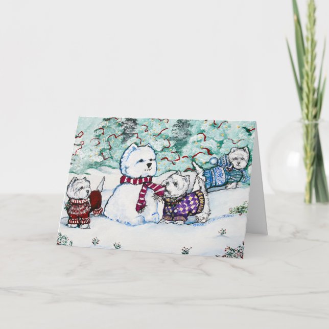 Tarjeta Festiva Muñeco de nieve de Terrier blanco de montaña del (Anverso)
