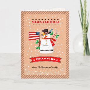 Tarjeta Festiva Muñeco de nieve divertido con bandera de EE. UU. N