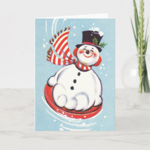Tarjeta Festiva Muñeco de nieve en disco de la nieve