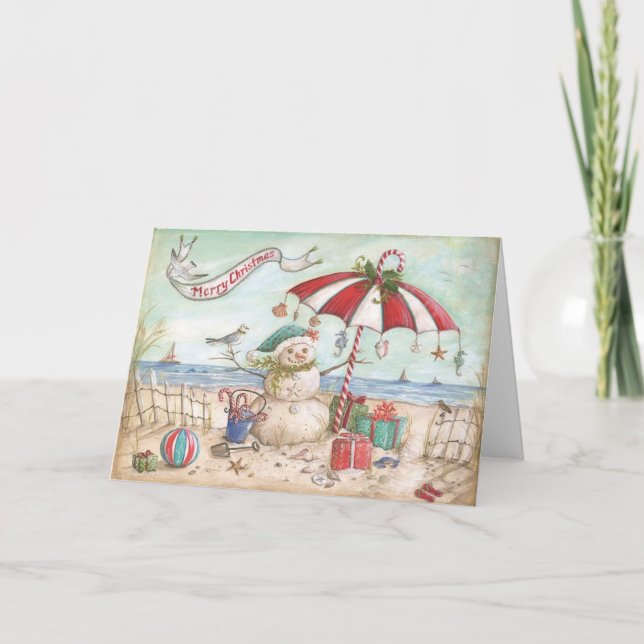 Tarjeta Festiva Muñeco de nieve en la playa (Anverso)