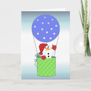 Tarjeta Festiva Muñeco de nieve en un globo aerostático