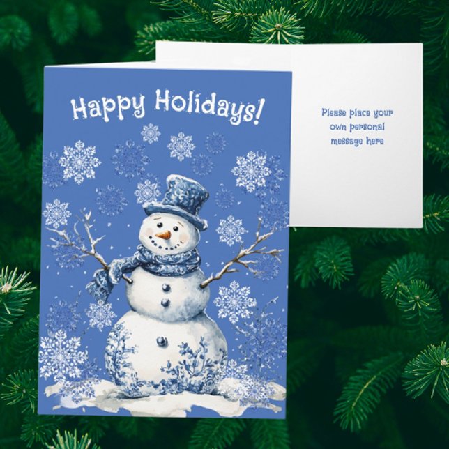 Tarjeta Festiva Muñeco de Nieve Feliz Copos de Nieve Azul Blanco P (Personalize this folded holiday card!)