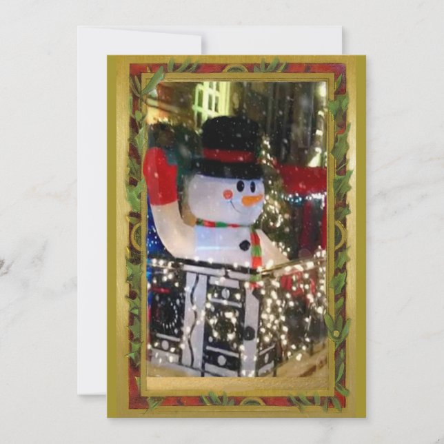 Tarjeta Festiva Muñeco de nieve feliz en luces de NYC dorado verde (Anverso)