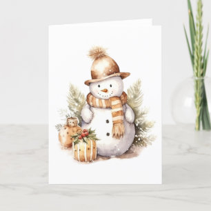 Tarjeta Festiva Muñeco de nieve invernal con regalos, Acebo BLANK
