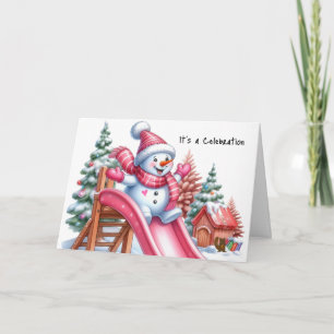 Tarjeta Festiva Muñeco de nieve juguetón en el parque de diversion