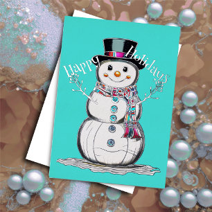 Tarjeta Festiva Muñeco de nieve lindo con bufanda Felices Fiestas