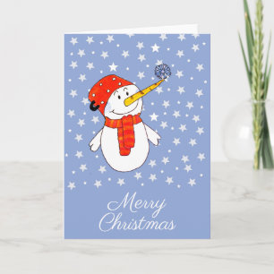 Tarjeta Festiva Muñeco de nieve lindo con estrellas de copo de nie