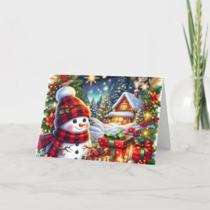 Tarjeta Festiva Muñeco de nieve lindo con sombrero de cuadros Navi