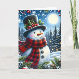 Tarjeta Festiva Muñeco de nieve lindo que lleva bufanda de cuadros