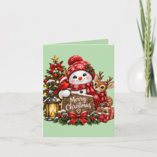 Tarjeta Festiva Muñeco de Nieve Navideño Reno Cardenal Rojo Óxido
