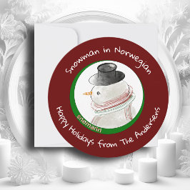 Tarjeta Festiva Muñeco de nieve noruego rojo redondo infantil