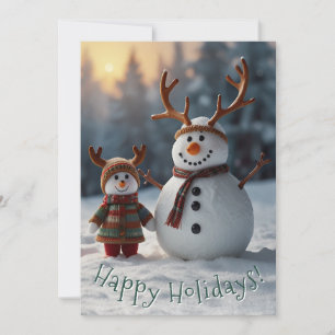 Tarjeta Festiva Muñeco de nieve nostálgico y niño de nieve alegre