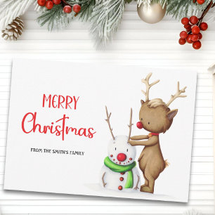 Tarjeta Festiva Muñeco de nieve Reno Navidades Feliz